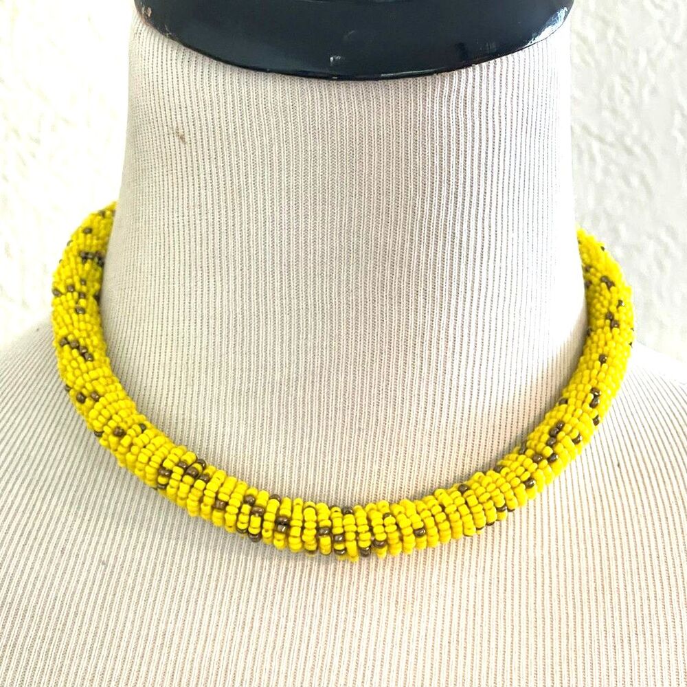 Yellow Seed Micro Bead Chocker Necklace ~Vintage Boho Collar Handmade